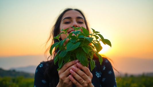 mindful american woman holding holy basil plant with a golden sunset behind it