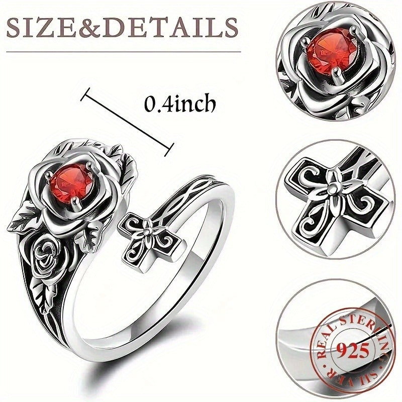 925 silver rose and cross ring red cubic zirconia by Tree of Life Studio with detailed floral and cross design