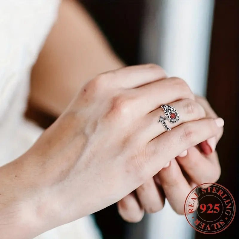 925 silver rose and cross ring red cubic zirconia worn on hand by Tree of Life Studio