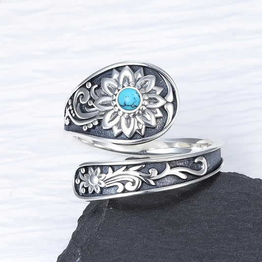 925 silver turquoise sunflower ring with intricate floral design by Tree of Life Studio