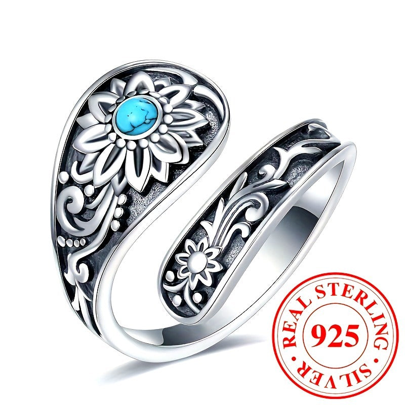 925 silver turquoise sunflower ring by Tree of Life Studio with intricate floral design and adjustable band