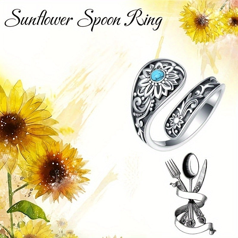 925 silver turquoise sunflower ring by Tree of Life Studio featuring detailed floral design