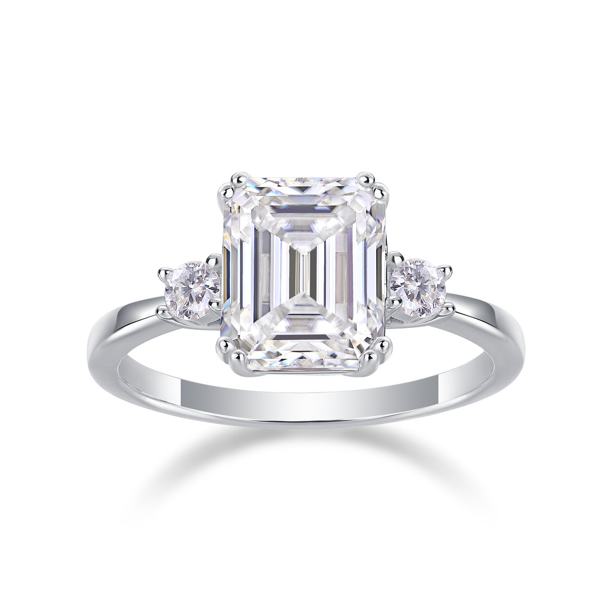 Tree of Life Studio baguette moissanite wedding ring with emerald cut center stone and side round stones