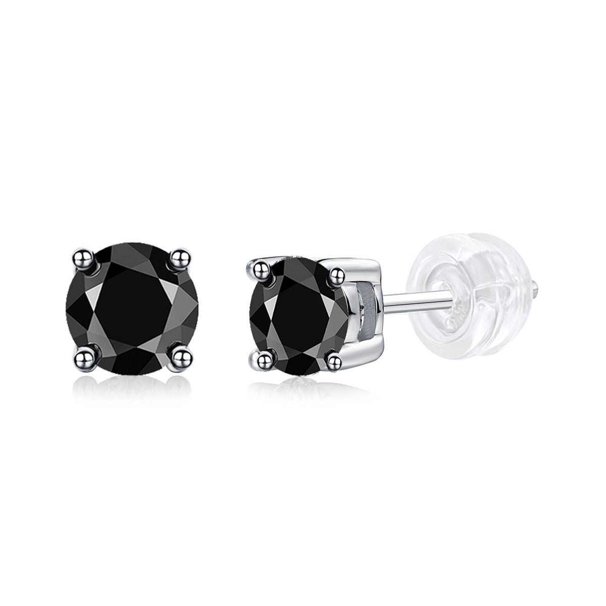 Black mosan diamond stud earrings by Tree of Life Studio with silver prong setting and clear backings