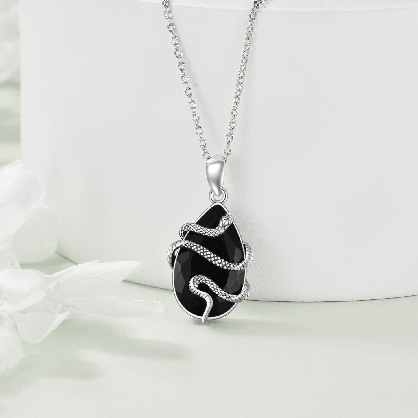 Tree of Life Studio black obsidian snake necklace with silver chain and snake wrap pendant