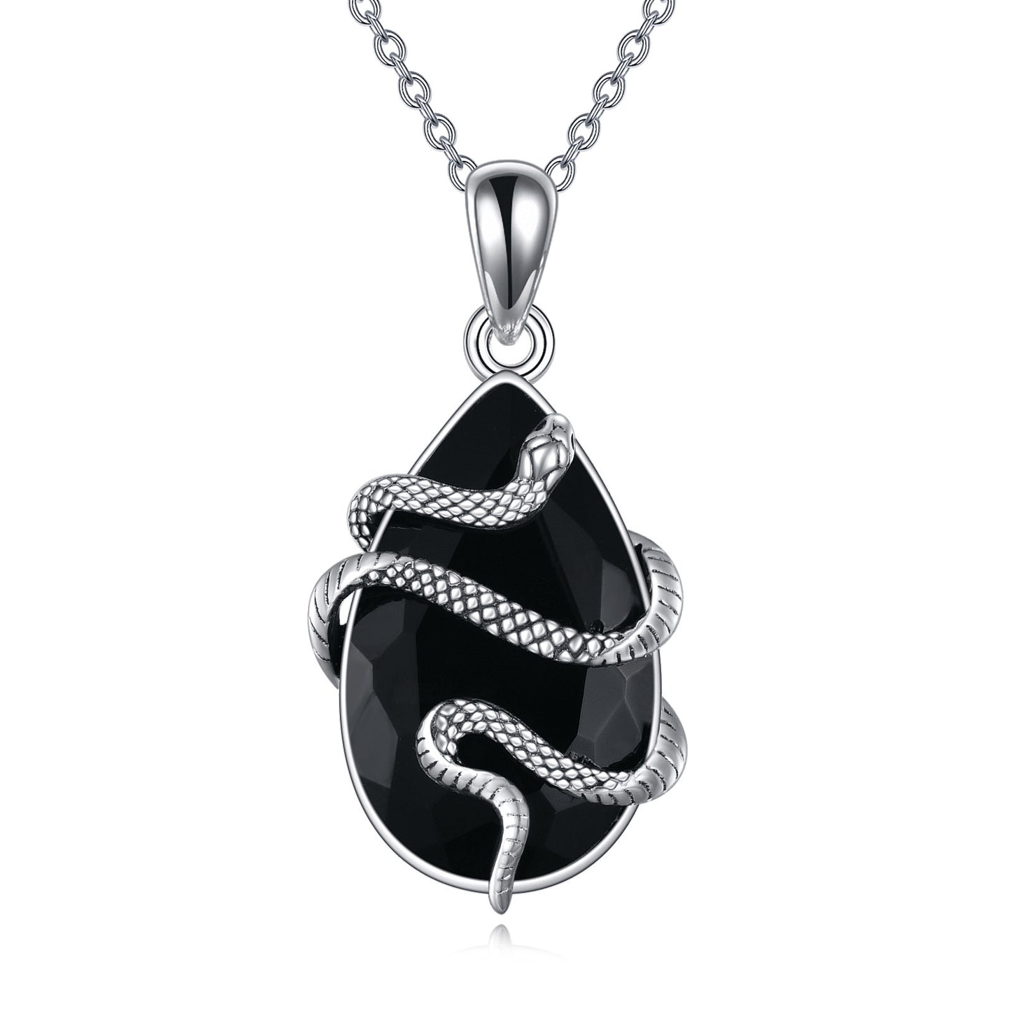 Black obsidian snake necklace with silver chain featuring a teardrop pendant and detailed snake design