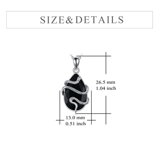 Tree of Life Studio black obsidian snake necklace pendant with silver snake detail and size dimensions