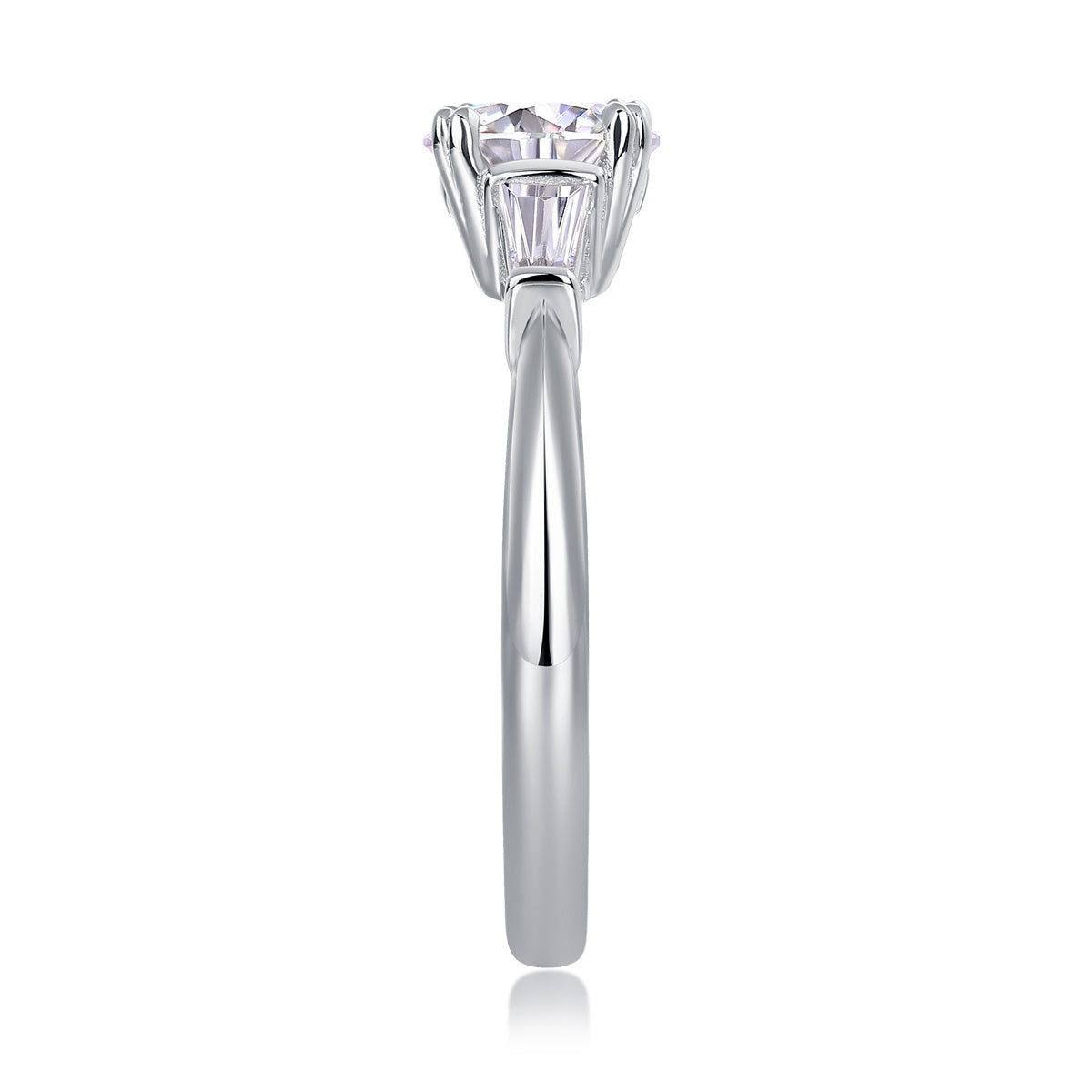 Classic Moissanite silver engagement ring with a clear center stone and polished silver band