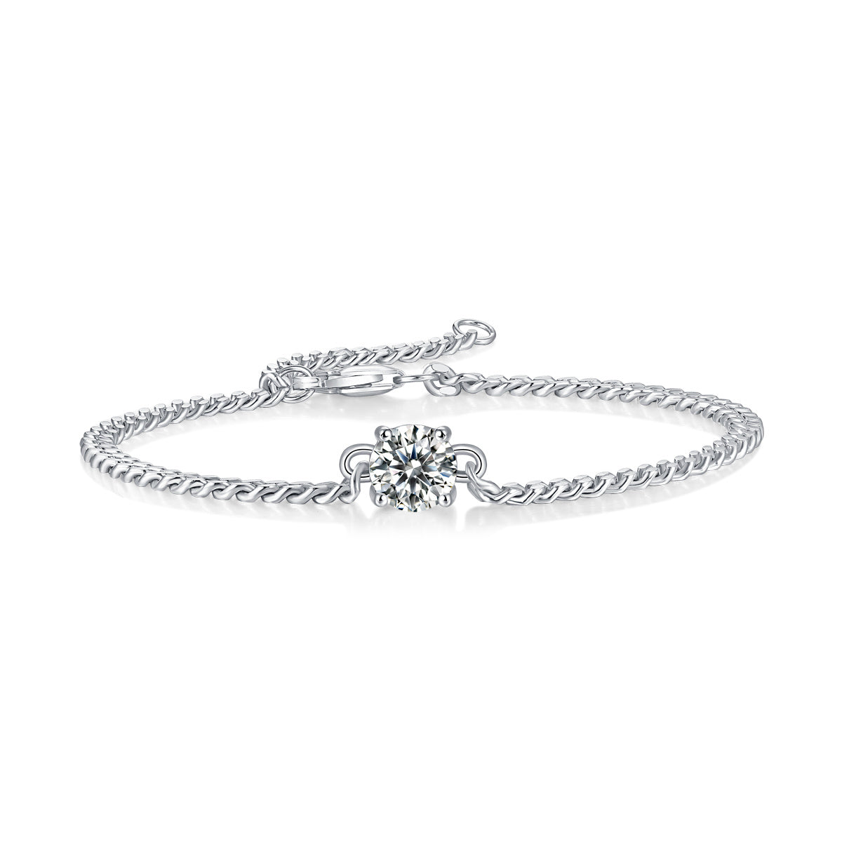Silver Cuban chain moissanite bracelet with a sparkling center stone from Tree of Life Studio