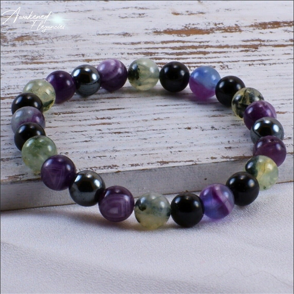 Empath protection gemstone bracelet prehnite chevron amethyst hematite rainbow fluorite black tourmaline by Tree of Life Studio
