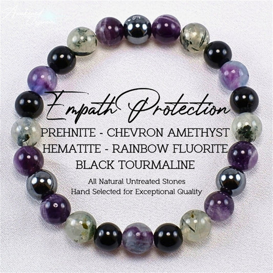 Empath protection gemstone bracelet prehnite chevron amethyst hematite rainbow fluorite black tourmaline