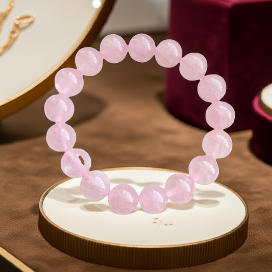 Genuine rose quartz beaded bracelet with smooth round pink beads displayed on a jewelry stand