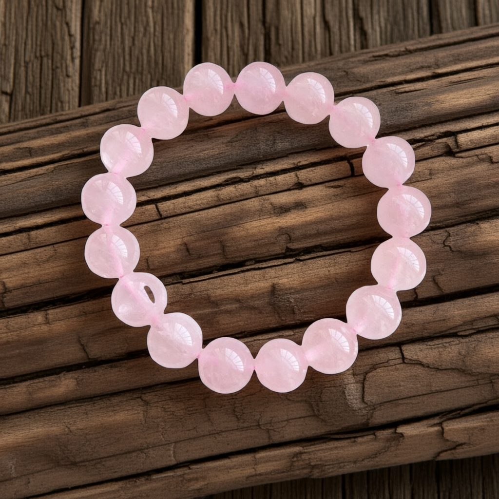 Genuine rose quartz beaded bracelet with smooth round pink stones on rustic wooden background