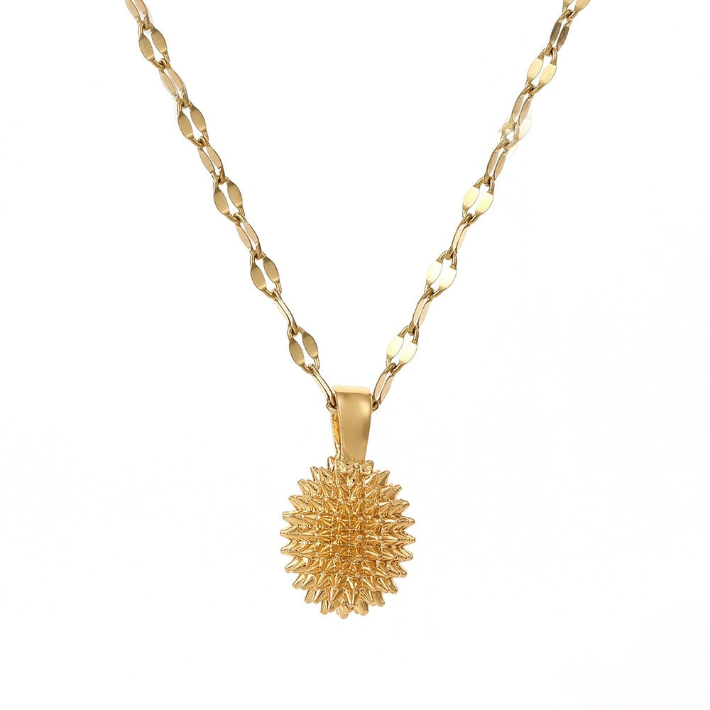 Gold durian pendant necklace for women by Tree of Life Studio with textured design on chain