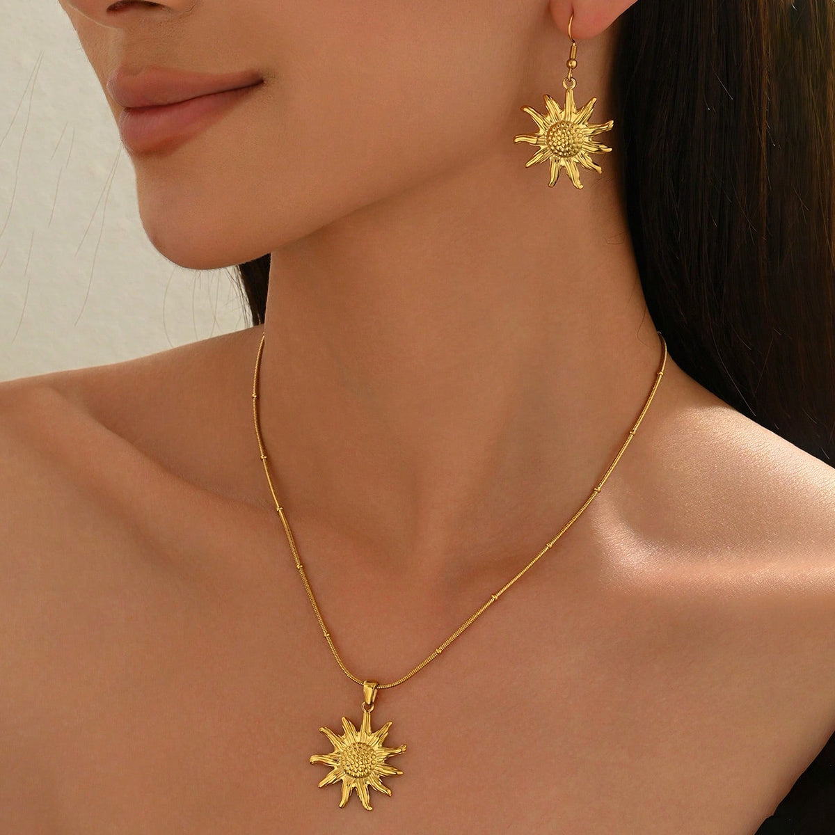 18K gold sun pendant necklace earring set hypoallergenic by Tree of Life Studio worn on model