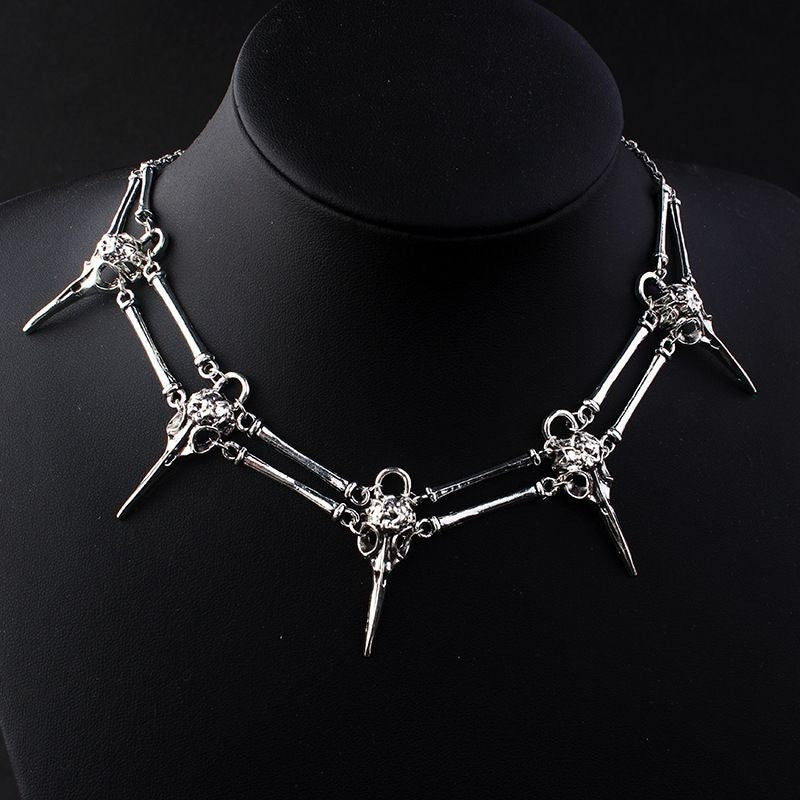 Tree of Life Studio gothic bird skull necklace in silver with detailed skull and bone design