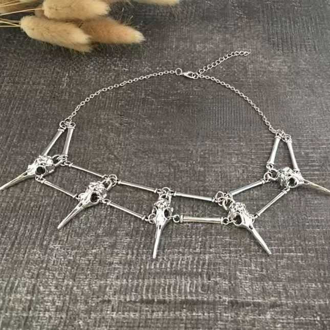 Tree of Life Studio gothic bird skull necklace with silver chain and five detailed bird skull charms