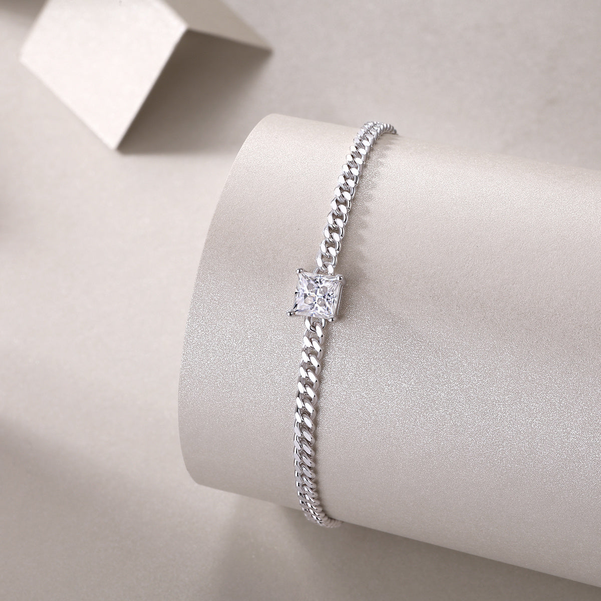 High quality moissanite bracelet for women by Tree of Life Studio with a square stone on silver chain