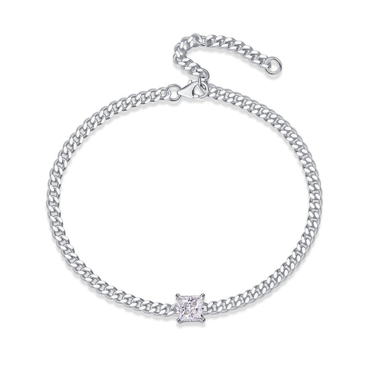 High quality moissanite bracelet for women with a silver chain and square gemstone centerpiece