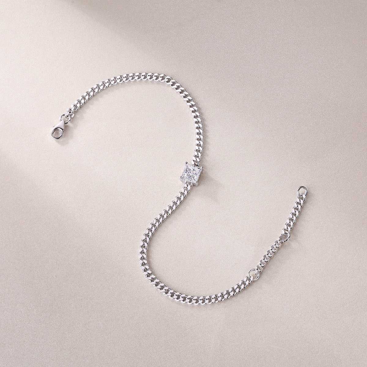 High quality moissanite bracelet for women with a silver chain and square sparkling gemstone