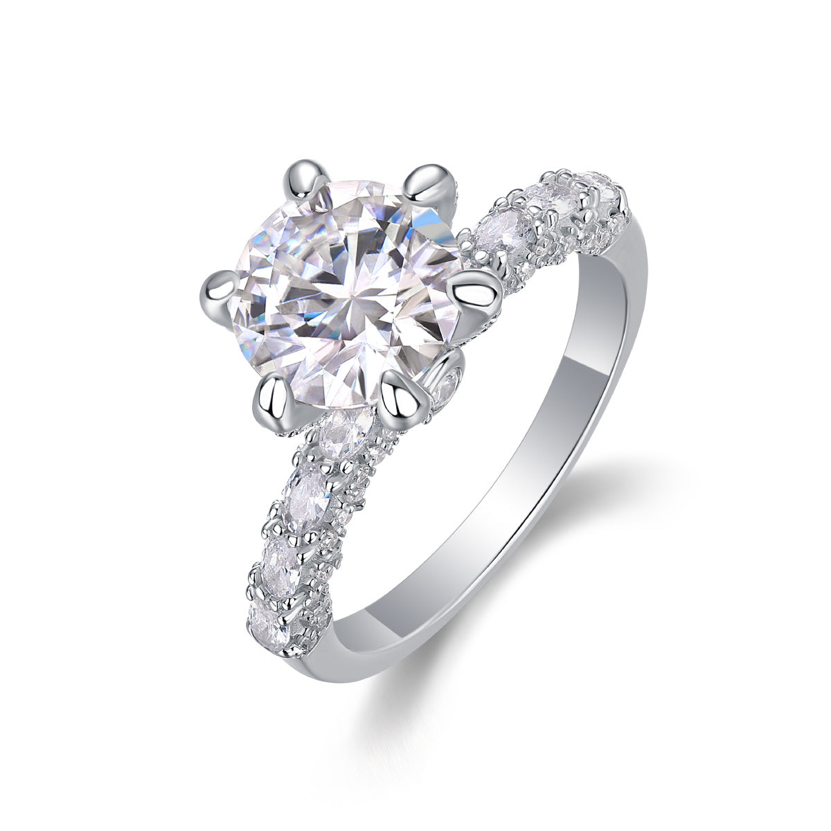 High quality moissanite silver ring by Tree of Life Studio with a sparkling round center stone and smaller side stones