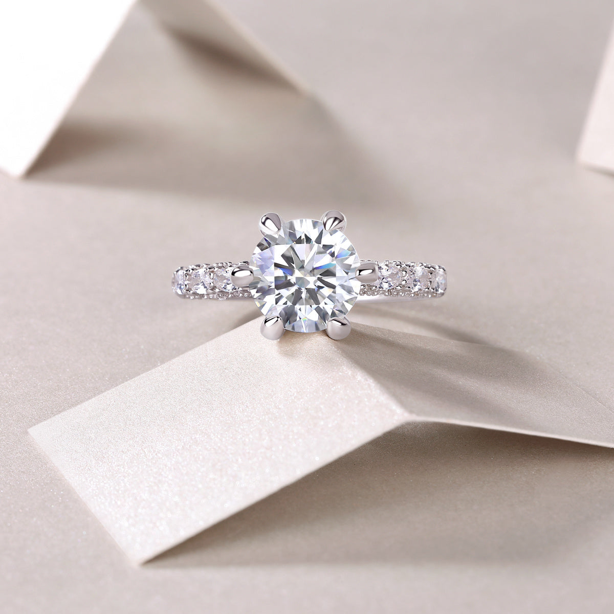 Tree of Life Studio high quality moissanite silver ring with round center stone and pavé band