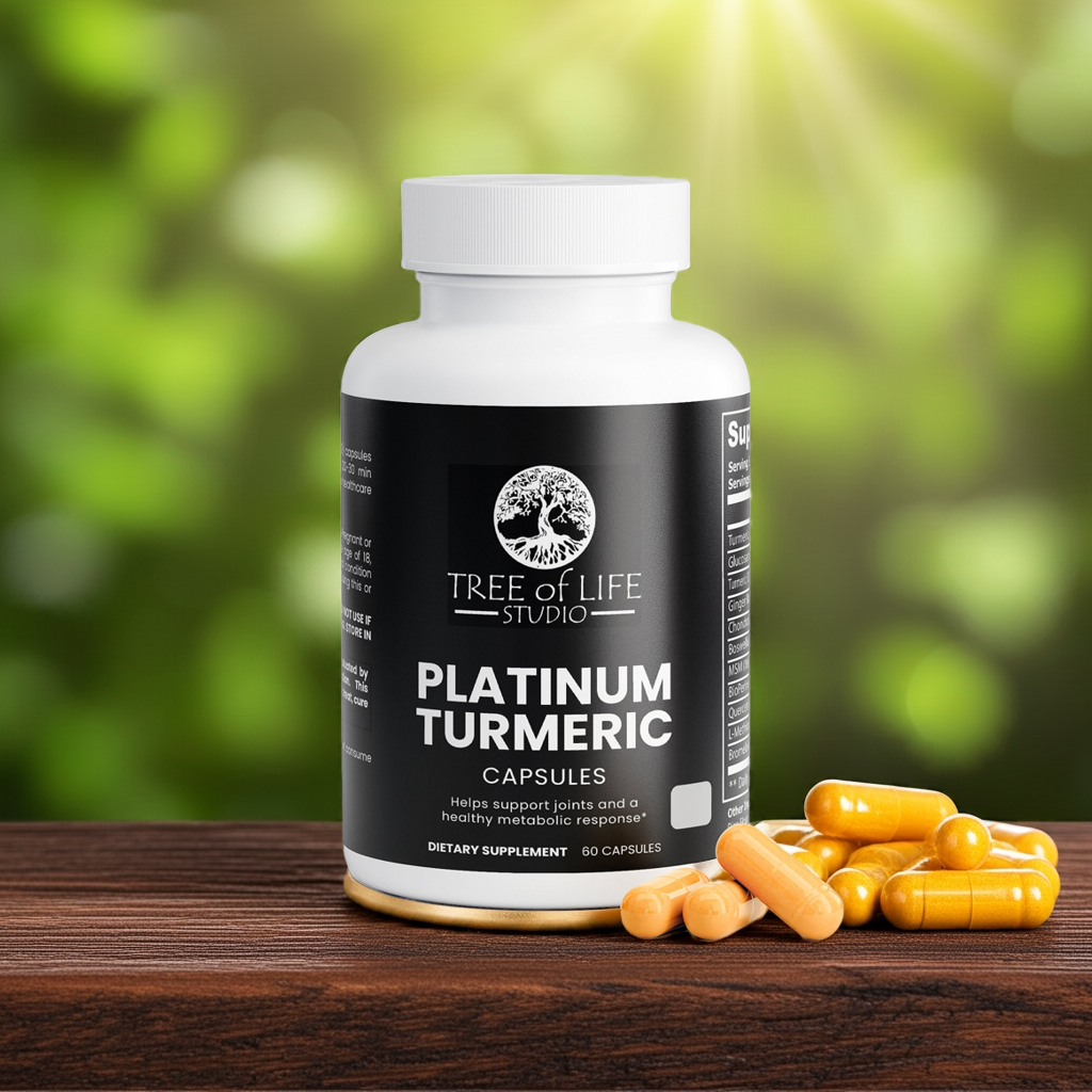 Tree of Life Studio Platinum turmeric capsules for inflammation relief bottle with capsules on wooden surface