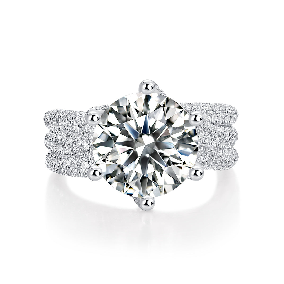 Large silver moissanite ring with intricate triple band design from Tree of Life Studio