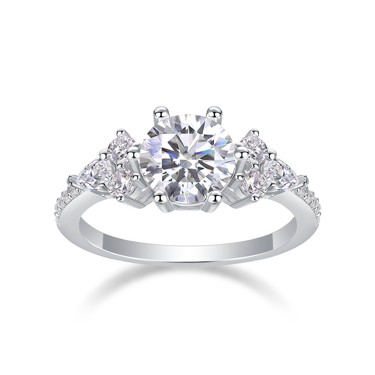 Luxury moissanite engagement ring by Tree of Life Studio with a large round center stone and side diamonds