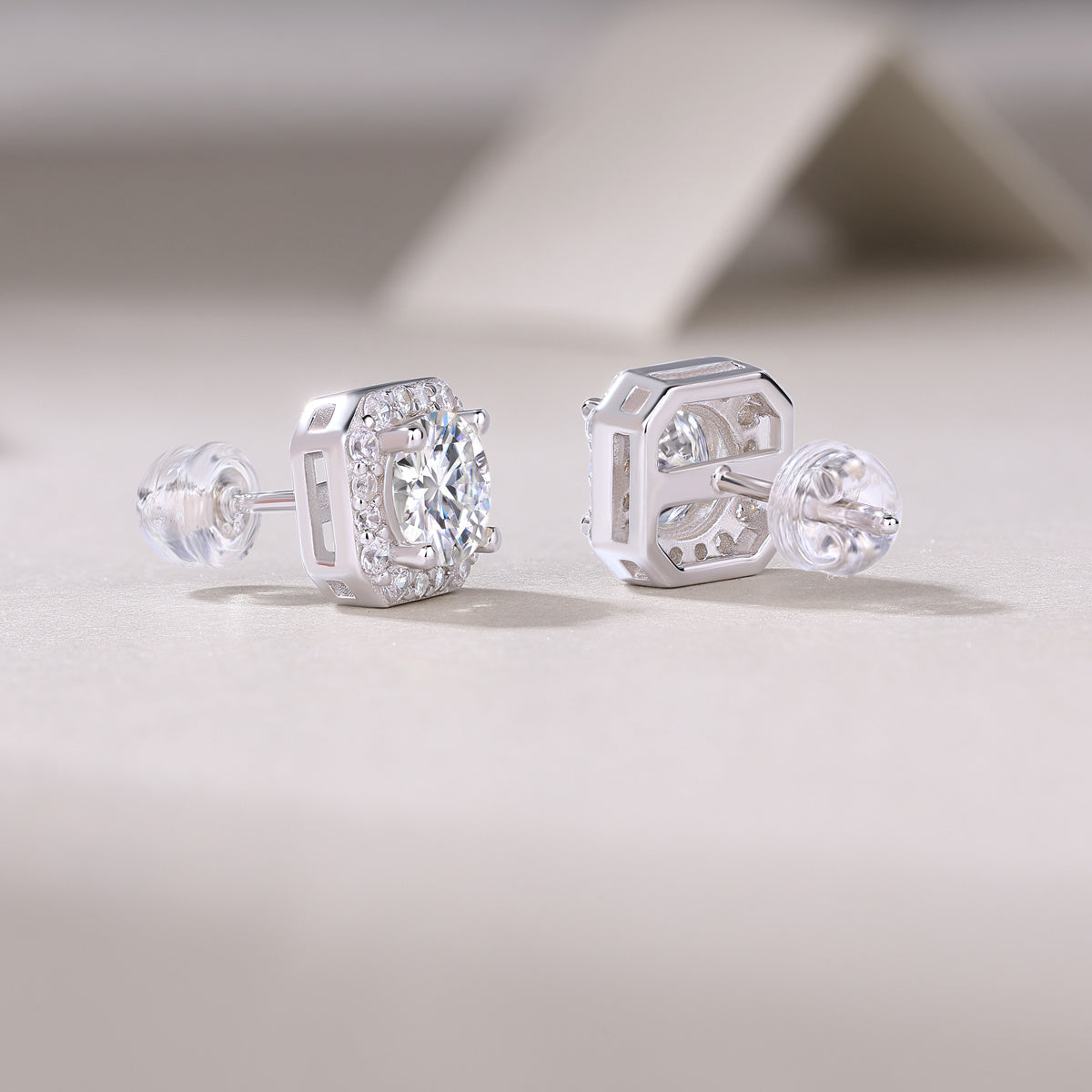 Tree of Life Studio moissanite diamond earrings for women with silver square setting and clear backs