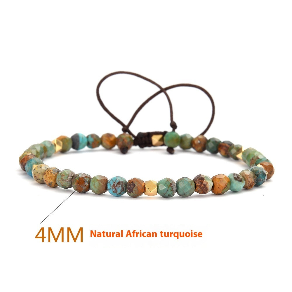 Natural African turquoise handmade bracelet with 4mm multicolored gemstone beads and adjustable brown cord