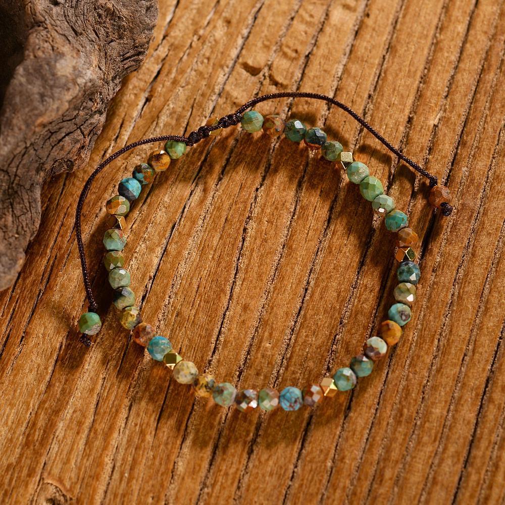 Natural African turquoise handmade bracelet with multicolored beads and adjustable brown cord
