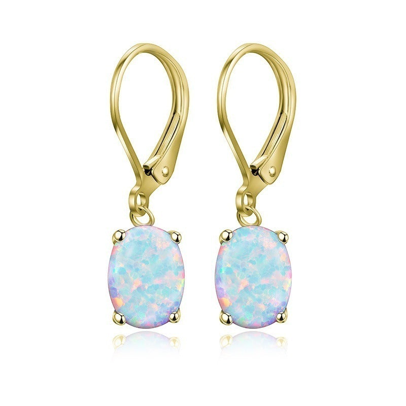 Tree of Life Studio opal drop earrings with gold lever-back settings and oval iridescent stones