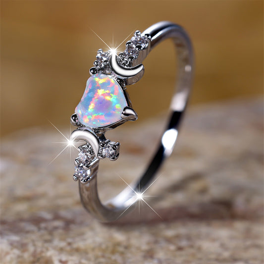 Opal moon ring with crescent moons and sparkling stones silver band by Tree of Life Studio