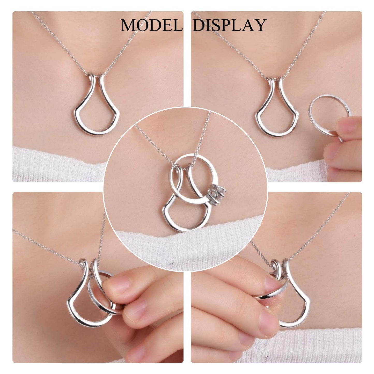 Silver pendant necklace for holding rings by Tree of Life Studio shown worn and holding rings