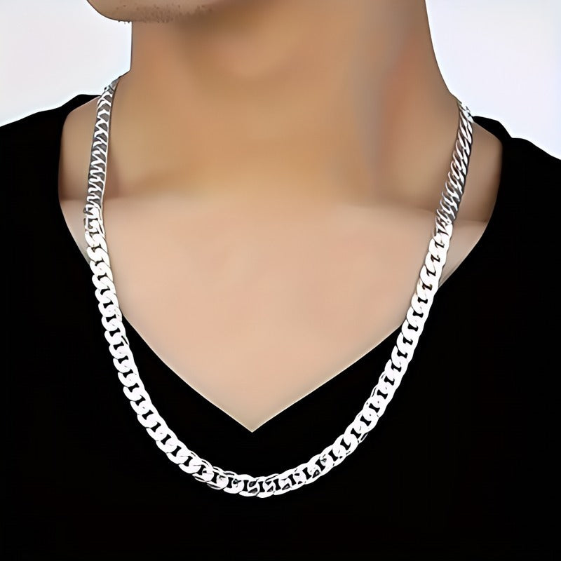 Plated silver men's flat chain necklace tree of life studio worn over black shirt