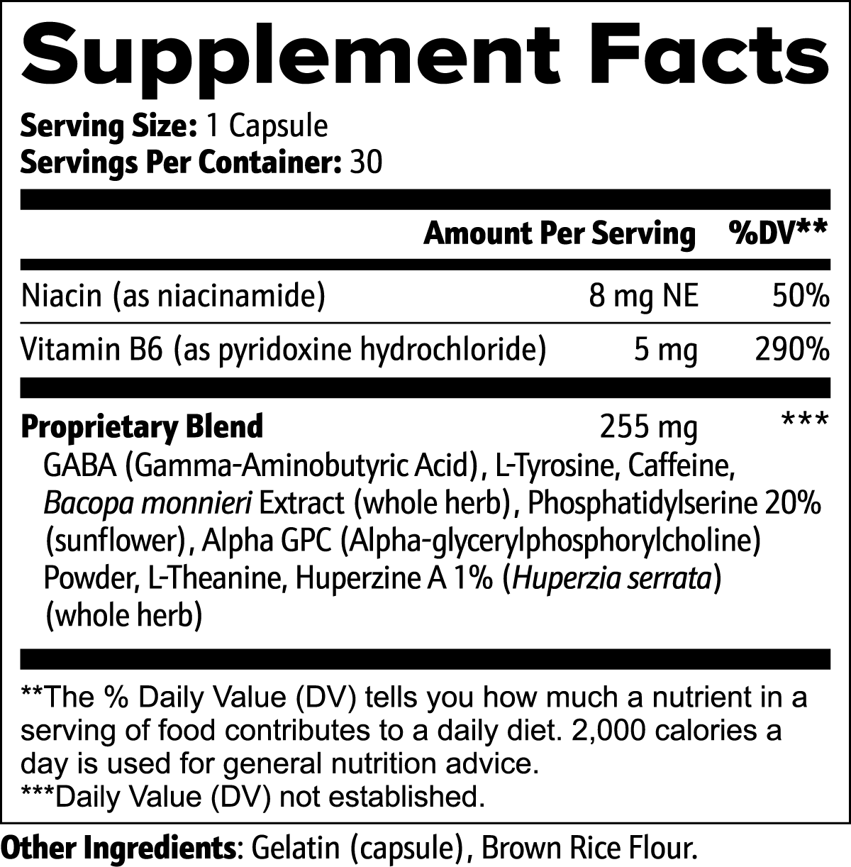 Supplement facts label of Tree of Life Studio premium brain support supplement showing ingredients and serving information