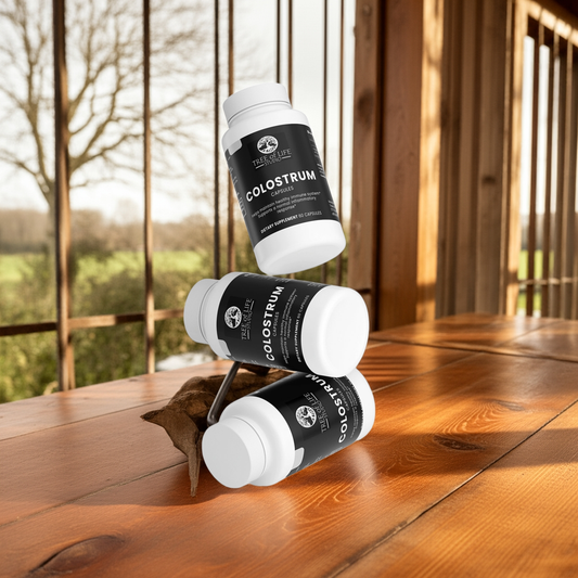 Tree of Life Studio premium colostrum supplement bottles stacked on a wooden table near a window