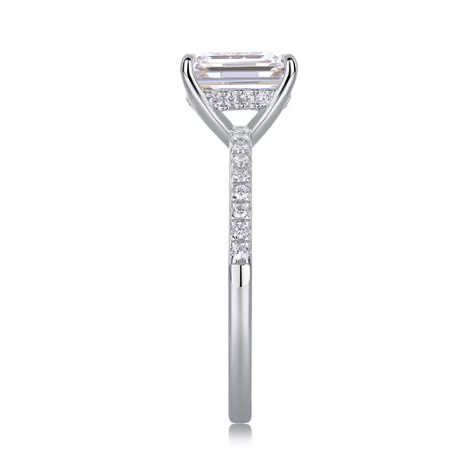 princess cut moissanite diamond ring with side stones on silver band