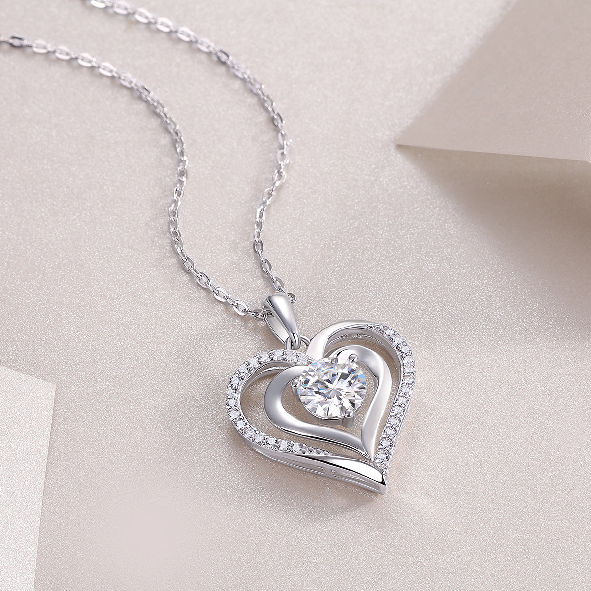 Tree of Life Studio heart shaped moissanite jewelry necklace with double heart pendant and silver chain