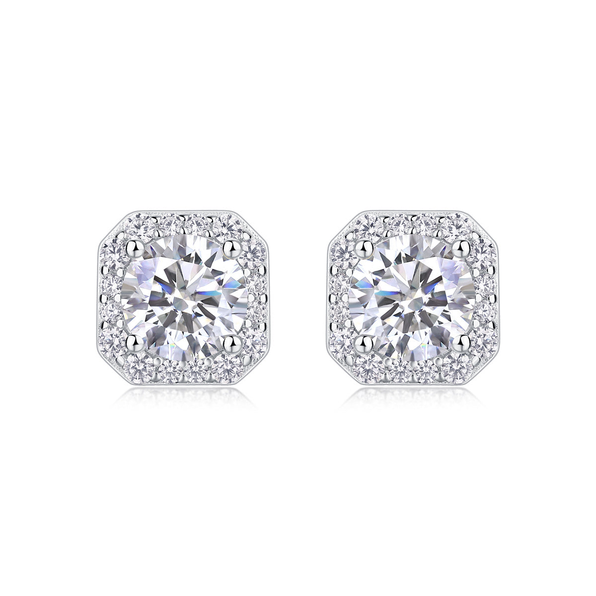 moissanite diamond earrings for women with sparkling round center stones and halo setting