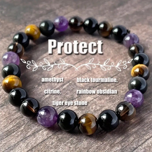 Tree of Life Studio spiritual protection gemstone bracelet with amethyst black tourmaline and tiger eye stones