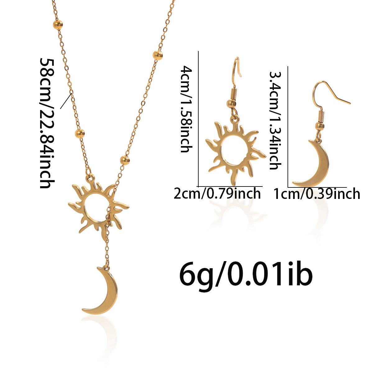 Tree of Life Studio sun and moon jewelry set with gold sun necklace and crescent moon earrings