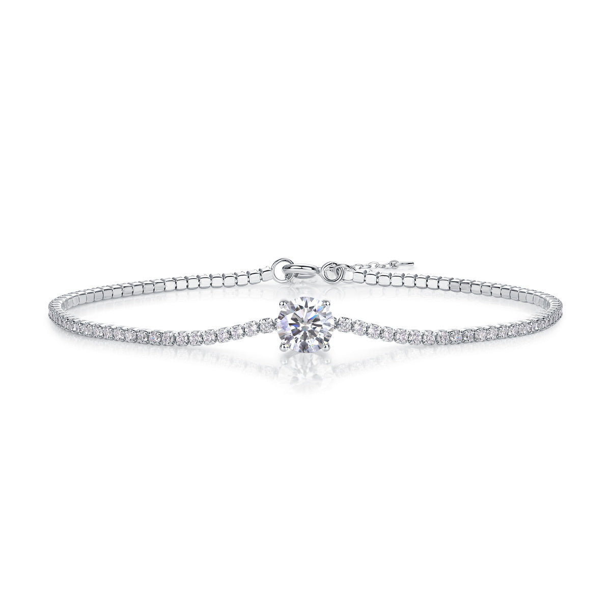 The Dawn high quality moissanite bracelet by Tree of Life Studio with a sparkling center stone and delicate band