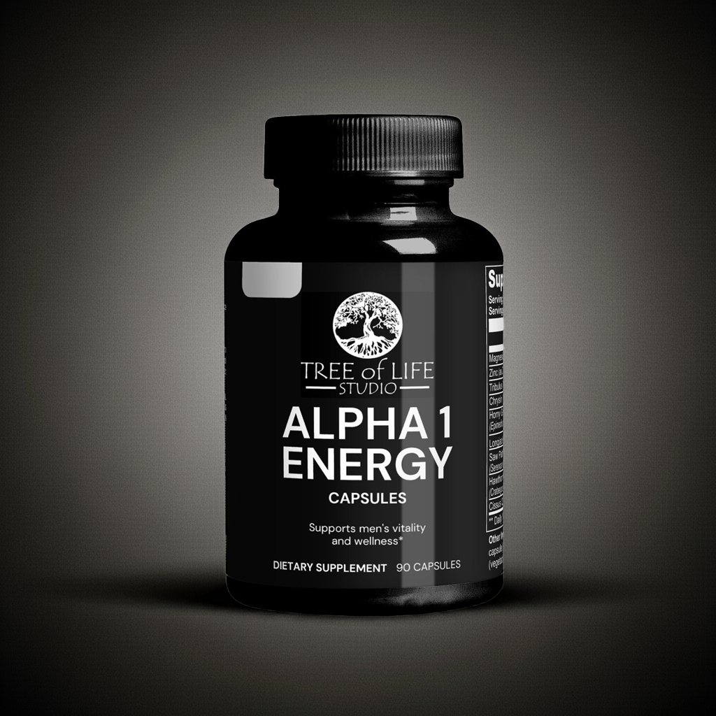 Tree of Life Studio Alpha 1 Energy supplement bottle with 90 capsules supporting men’s vitality