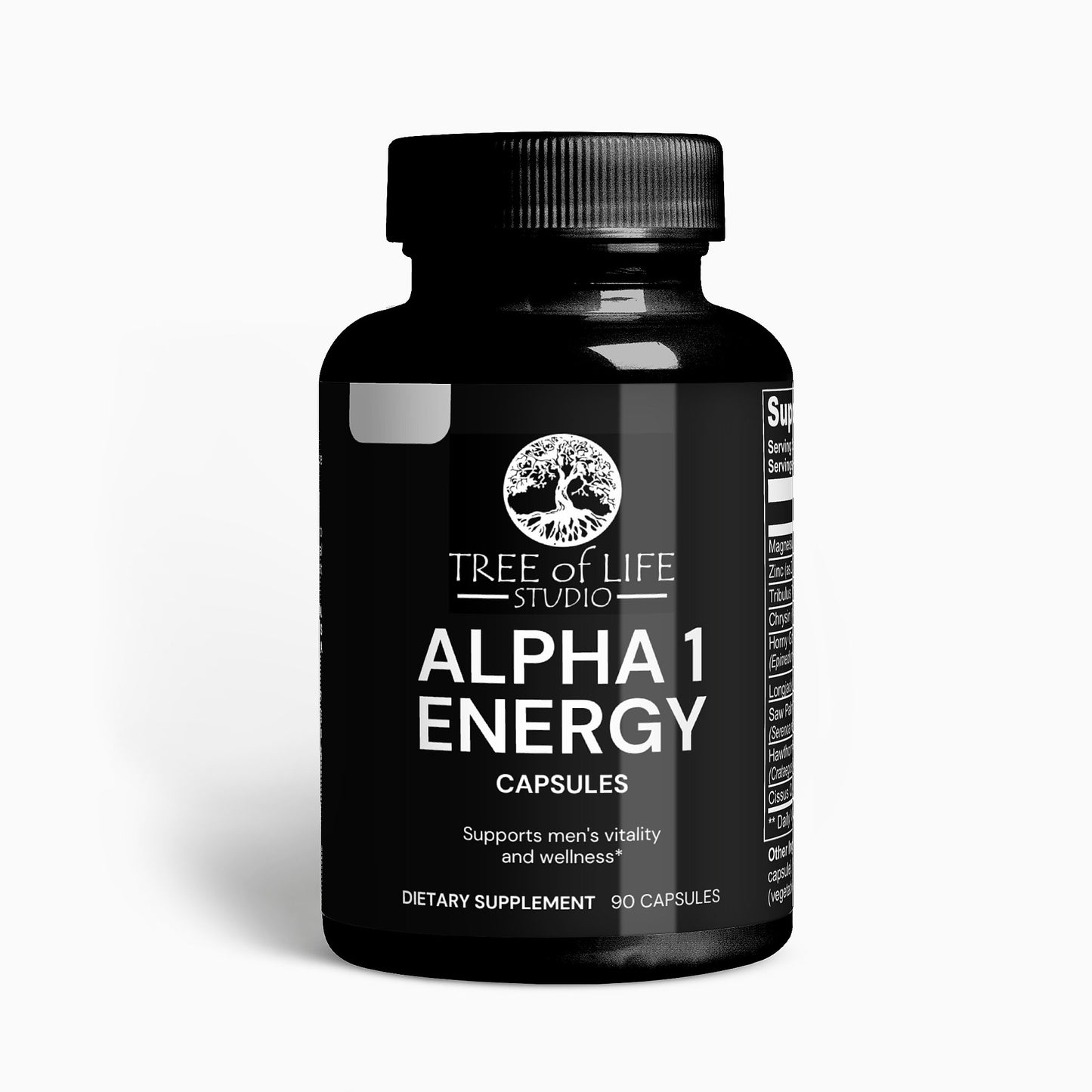 Tree of Life Studio Alpha 1 Energy supplement bottle with 90 capsules for men's vitality