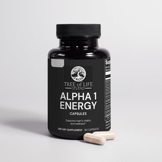 Tree of Life Studio Alpha 1 Energy supplement bottle with capsules supporting men's vitality
