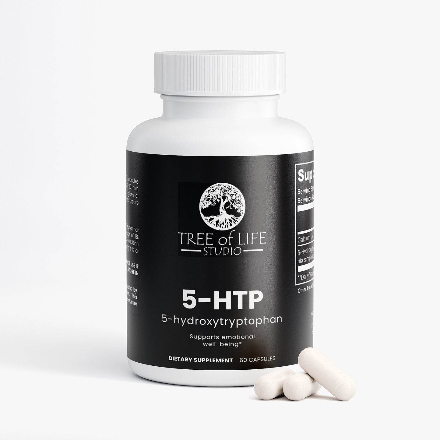 Tree of Life Studio American made 5-HTP supplement bottle with 60 capsules for emotional well-being