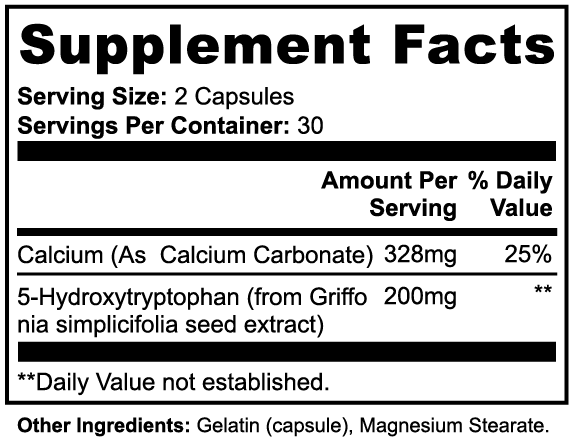 Supplement facts label for American made 5-HTP supplement by Tree of Life Studio with 200mg 5-Hydroxytryptophan per serving
