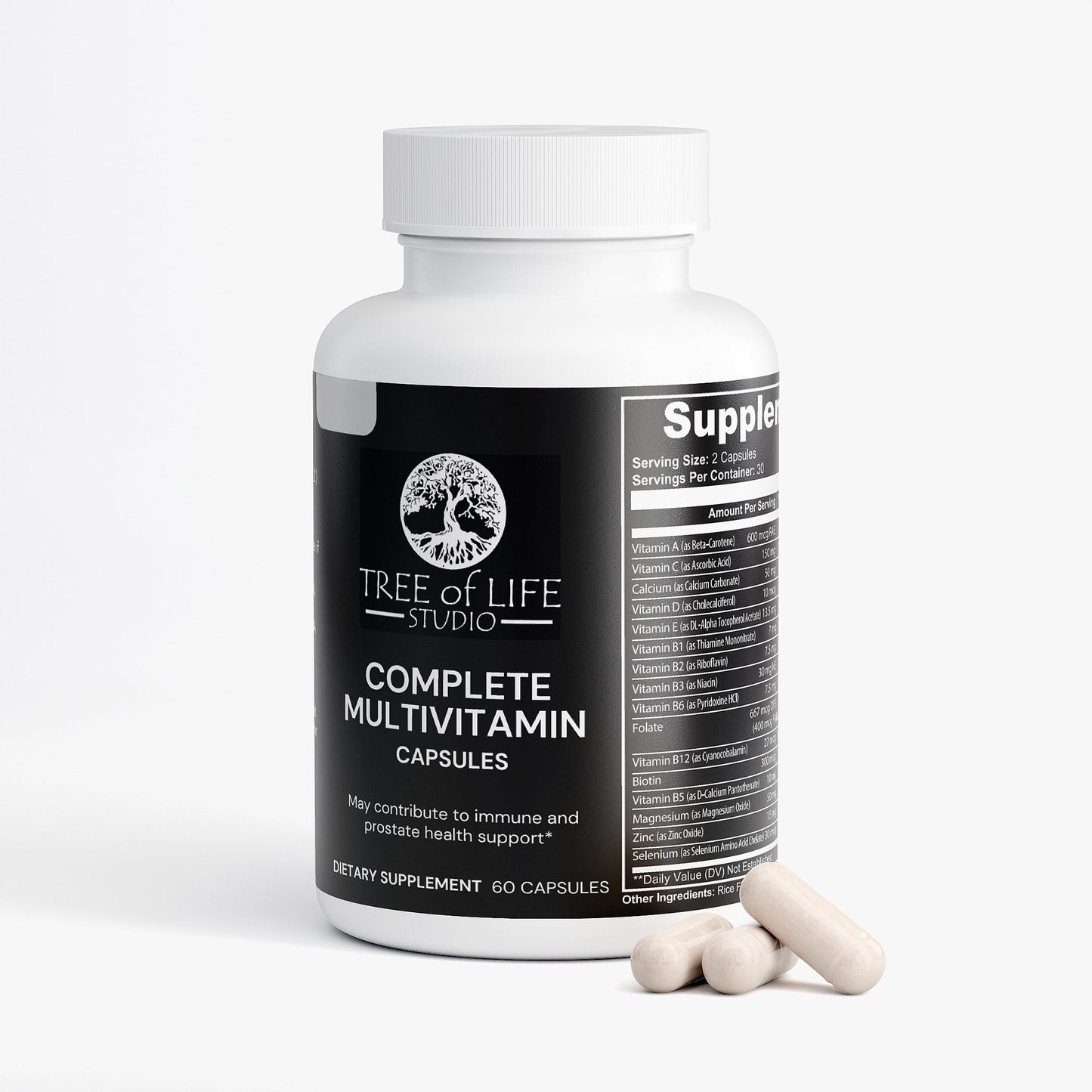 Tree of Life Studio complete multivitamin capsules bottle with American made multivitamin capsules label and pills